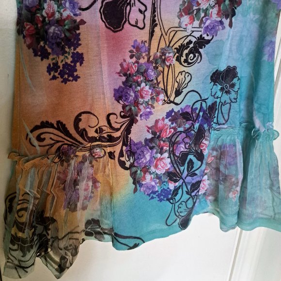 Romantic Top Floral Blouse Turquoise Lg Casual Freedom Short Sleeve Tunic Long - Picture 8 of 12